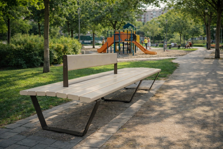 banco urbano de myparque colocado en un parque sombrío