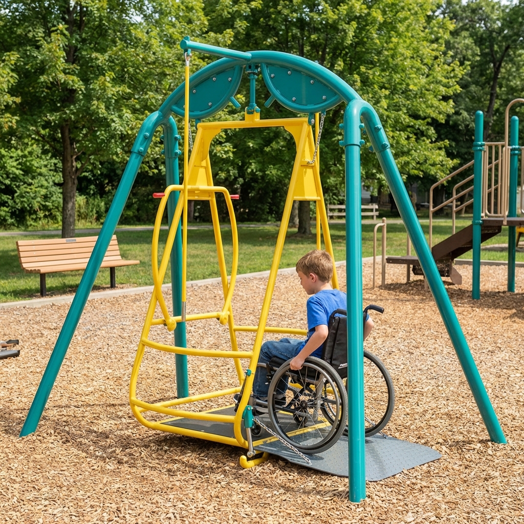 columpio inclusivo con un niño accediendo en silla de ruedas