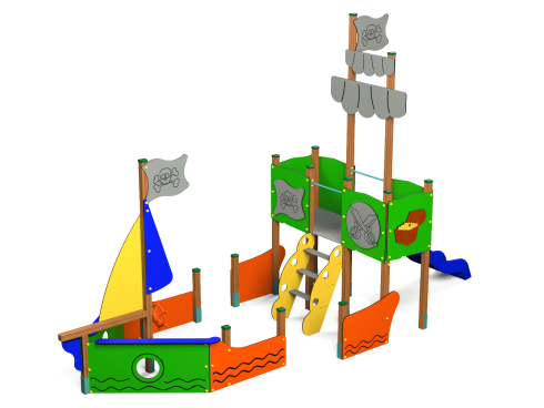 Parque Infantil con un tobogan con forma de barco pirata